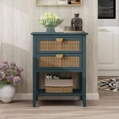 2 Drawer Side Table, Naturel Rattan, End Table, Suitable For Bedroom, Living Room, Study -Tahanbath green tahanbath pantry organizers z w68858072 44 1000