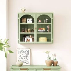 27.56 In. Green Glass-Door Wall Cabinet, Woven Pattern, 3-Tier, For Various Rooms -Tahanbath green tahanbath pantry organizers z w757135228 4f 1000