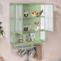 23.62 In. Modern Green 2-Door Wall Cabinet With 2-Tier Storage, Open Shelf, And Towel Rack For Multiple Rooms -Tahanbath green tahanbath pantry organizers z w757143037 1d 1000