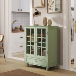 Minimalism Wooden Buffet : Double Glass Doors, Drawer In Green -Tahanbath green tahanbath pantry organizers z w75763041 1f 1000