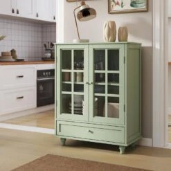 Minimalism Wooden Buffet : Double Glass Doors, Drawer In Green -Tahanbath green tahanbath pantry organizers z w75763041 4f 1000