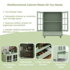 Minimalism Wooden Buffet : Double Glass Doors, Drawer In Green -Tahanbath green tahanbath pantry organizers z w75763041 76 1000