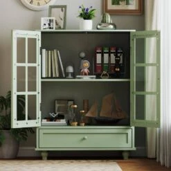 Minimalism Wooden Buffet : Double Glass Doors, Drawer In Green -Tahanbath green tahanbath pantry organizers z w75763041 fa 1000