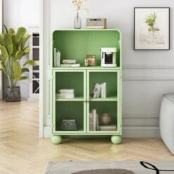45.28 In. H Freestanding Green Bathroom/Living Room/Kitchen/Home Office Storage Cabinet With Glass Door And Shelves