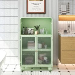 45.28 In. H Freestanding Green Bathroom/Living Room/Kitchen/Home Office Storage Cabinet With Glass Door And Shelves -Tahanbath green tahanbath pantry organizers z w757p205952 fa 1000