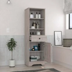 17.30 In. W X 13.80 In. D X 55.70 In. H Grey Particle Board Freestanding Linen Cabinet With 2-Shelves In Grey -Tahanbath grey tahanbath linen cabinets ct xl p188813 31 1000