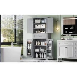 30.00 In. W X 15.70 In. D X 72.20 In. H In Grey Bathroom Storage Linen Cabinet With Doors, Drawer And Adjustable Shelf -Tahanbath grey tahanbath linen cabinets z n759p241667e 4f 1000