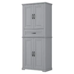 30.00 In. W X 15.70 In. D X 72.20 In. H In Grey Bathroom Storage Linen Cabinet With Doors, Drawer And Adjustable Shelf