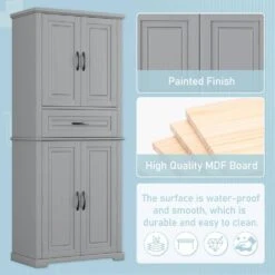 30.00 In. W X 15.70 In. D X 72.20 In. H In Grey Bathroom Storage Linen Cabinet With Doors, Drawer And Adjustable Shelf -Tahanbath grey tahanbath linen cabinets z n759p241667e 76 1000