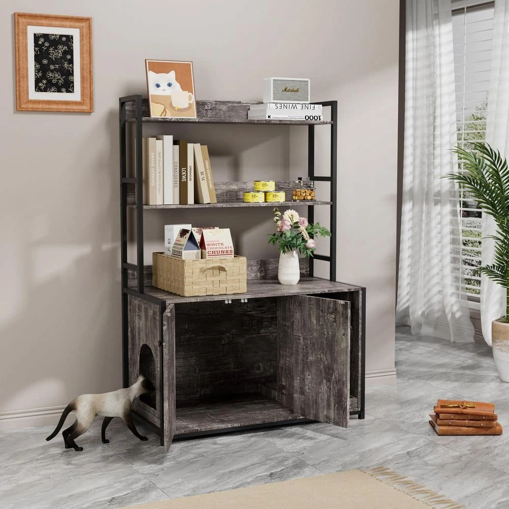 Grey Indoor Cat Cabinet ,Large Hidden Litter Box Enclosure With 2-Doors, Shelf And Scratch Pad 8 Grey Indoor Cat Cabinet ,Large Hidden Litter Box Enclosure With 2-Doors, Shelf And Scratch Pad - Image 8
