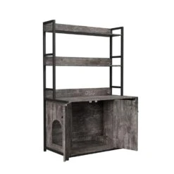 Grey Indoor Cat Cabinet ,Large Hidden Litter Box Enclosure With 2-Doors, Shelf And Scratch Pad