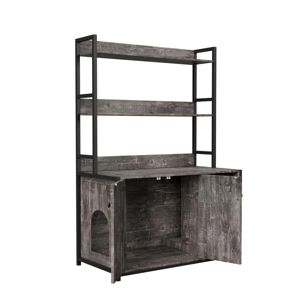 Grey Indoor Cat Cabinet ,Large Hidden Litter Box Enclosure With 2-Doors, Shelf And Scratch Pad 1 Grey Indoor Cat Cabinet ,Large Hidden Litter Box Enclosure With 2-Doors, Shelf And Scratch Pad