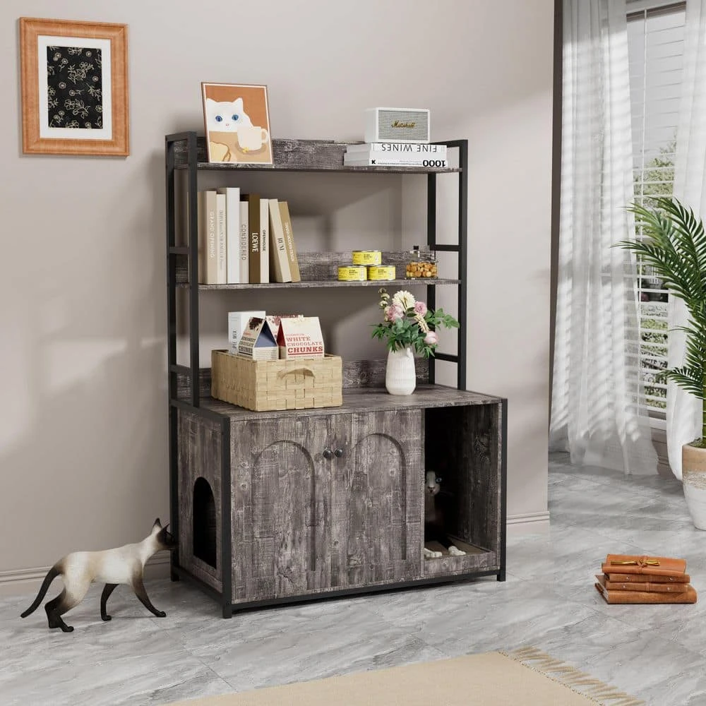 Grey Indoor Cat Cabinet ,Large Hidden Litter Box Enclosure With 2-Doors, Shelf And Scratch Pad 7 Grey Indoor Cat Cabinet ,Large Hidden Litter Box Enclosure With 2-Doors, Shelf And Scratch Pad - Image 7