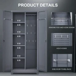 72.8 In Gray Metal Locker,Lockable Cleaning Tool Cabinet With Adjustable Shelves -Tahanbath grey tahanbath pantry organizers z w688134397 4f 1000