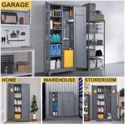 72.8 In Gray Metal Locker,Lockable Cleaning Tool Cabinet With Adjustable Shelves -Tahanbath grey tahanbath pantry organizers z w688134397 fa 1000
