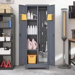 65 In.H Broom Storage Cabinet: Locking Doors, Hanging Rod In Grey -Tahanbath grey tahanbath pantry organizers z w688p170029 1f 1000