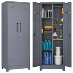 65 In.H Broom Storage Cabinet: Locking Doors, Hanging Rod In Grey -Tahanbath grey tahanbath pantry organizers z w688p170029 31 1000