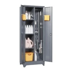 65 In.H Broom Storage Cabinet: Locking Doors, Hanging Rod In Grey -Tahanbath grey tahanbath pantry organizers z w688p170029 44 1000