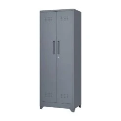 65 In.H Broom Storage Cabinet: Locking Doors, Hanging Rod In Grey
