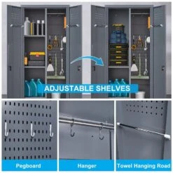 65 In.H Broom Storage Cabinet: Locking Doors, Hanging Rod In Grey -Tahanbath grey tahanbath pantry organizers z w688p170029 76 1000