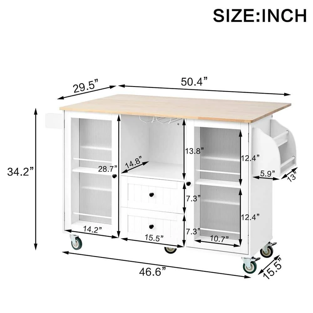 Kitchen Island Storage Trolley Cart On Wheels With Dropleaf Top, Towel/Spice Rack,2-Drawers, 2-Door Cabinet In White 3 Kitchen Island Storage Trolley Cart On Wheels With Dropleaf Top, Towel/Spice Rack,2-Drawers, 2-Door Cabinet In White - Image 3