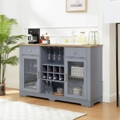 Modern Farmhouse Buffet Cabinet: 2-Drawers, Glass Doors, Wine Rack-Light Blue/Oak, 56.46 In. W -Tahanbath light blue tahanbath pantry organizers z w1758p147682 1f 1000