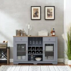 Modern Farmhouse Buffet Cabinet: 2-Drawers, Glass Doors, Wine Rack-Light Blue/Oak, 56.46 In. W -Tahanbath light blue tahanbath pantry organizers z w1758p147682 44 1000