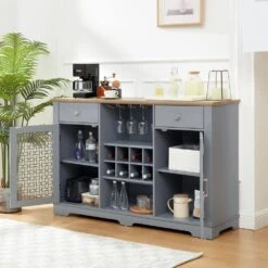 Modern Farmhouse Buffet Cabinet: 2-Drawers, Glass Doors, Wine Rack-Light Blue/Oak, 56.46 In. W -Tahanbath light blue tahanbath pantry organizers z w1758p147682 4f 1000