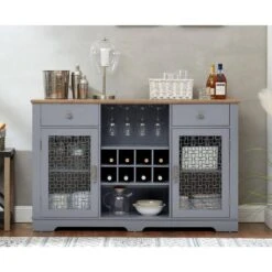 Modern Farmhouse Buffet Cabinet: 2-Drawers, Glass Doors, Wine Rack-Light Blue/Oak, 56.46 In. W -Tahanbath light blue tahanbath pantry organizers z w1758p147682 76 1000