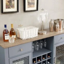 Modern Farmhouse Buffet Cabinet: 2-Drawers, Glass Doors, Wine Rack-Light Blue/Oak, 56.46 In. W -Tahanbath light blue tahanbath pantry organizers z w1758p147682 fa 1000