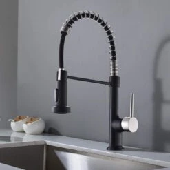 Single Handle Deck Mount Pull Down Sprayer Kitchen Faucet In Matte Black And Brushed Nickel -Tahanbath matte black and brushed nickel pull down kitchen faucets q xy 2135bn 1p 1 31 1000