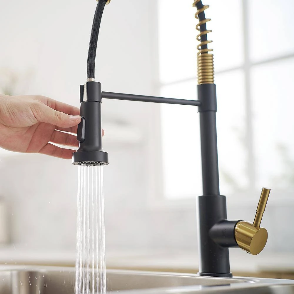 Single Handle No Sensor Pull Down Sprayer Kitchen Faucet In Matte Black And Gold 5 Single Handle No Sensor Pull Down Sprayer Kitchen Faucet In Matte Black And Gold - Image 5