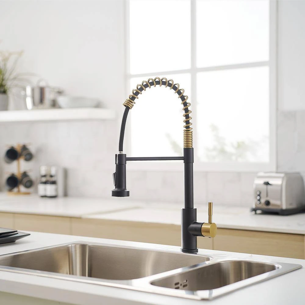 Single Handle No Sensor Pull Down Sprayer Kitchen Faucet In Matte Black And Gold 9 Single Handle No Sensor Pull Down Sprayer Kitchen Faucet In Matte Black And Gold - Image 9
