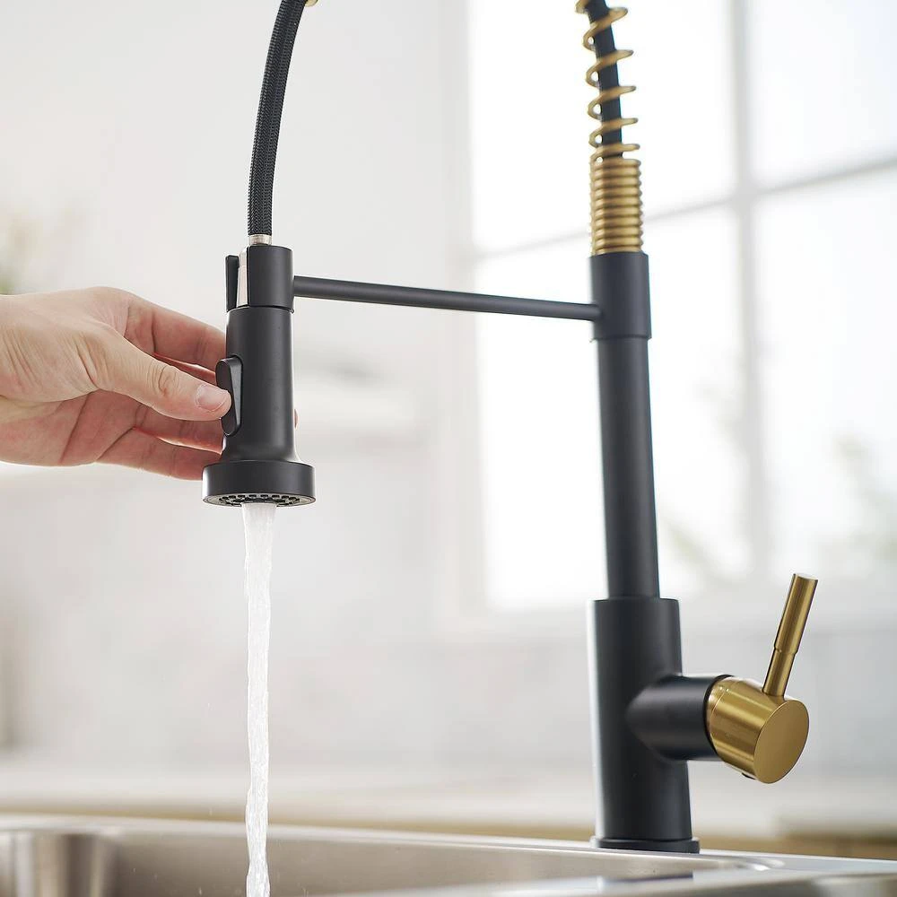 Single Handle No Sensor Pull Down Sprayer Kitchen Faucet In Matte Black And Gold 6 Single Handle No Sensor Pull Down Sprayer Kitchen Faucet In Matte Black And Gold - Image 6