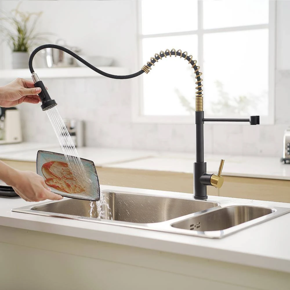Single Handle No Sensor Pull Down Sprayer Kitchen Faucet In Matte Black And Gold 3 Single Handle No Sensor Pull Down Sprayer Kitchen Faucet In Matte Black And Gold - Image 3