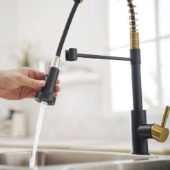 Single Handle No Sensor Pull Down Sprayer Kitchen Faucet In Matte Black And Gold 15 Single Handle No Sensor Pull Down Sprayer Kitchen Faucet In Matte Black And Gold -Tahanbath matte black and gold pull down kitchen faucets q xy 1325 33bng 1 ss us fa 1000