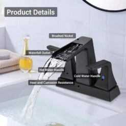 4 In. Centerset Double-Handle Wide Waterfall Spout Bathroom Faucet In Matte Black -Tahanbath matte black centerset bathroom faucets w122467237 kxc 1f 1000