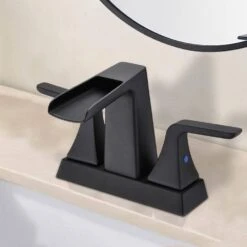 4 In. Centerset Double-Handle Wide Waterfall Spout Bathroom Faucet In Matte Black -Tahanbath matte black centerset bathroom faucets w122467237 kxc 44 1000