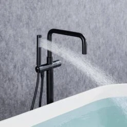 1-Handle Freestanding Tub Faucet With Hand Shower With Waterfall In Matte Black -Tahanbath matte black claw foot tub faucets q pzz 8008h 4f 1000