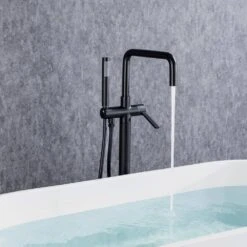 1-Handle Freestanding Tub Faucet With Hand Shower With Waterfall In Matte Black -Tahanbath matte black claw foot tub faucets q pzz 8008h c3 1000
