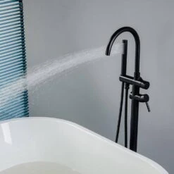 Single-Handle Freestanding Waterfall Tub Filler Bathroom Tub Faucet With Handheld Shower In Matte Black -Tahanbath matte black claw foot tub faucets q xy hs217b 1f 1000