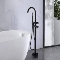 Single-Handle Freestanding Waterfall Tub Filler Bathroom Tub Faucet With Handheld Shower In Matte Black -Tahanbath matte black claw foot tub faucets q xy hs217b 31 1000