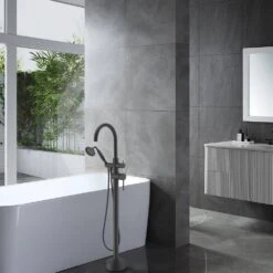 Double Lever Handle Freestanding Tub Filler Bathtub Faucet With Hand Held Shower In Matte Black -Tahanbath matte black claw foot tub faucets w122453464 kxc 31 1000