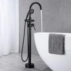 Double Lever Handle Freestanding Tub Filler Bathtub Faucet With Hand Held Shower In Matte Black -Tahanbath matte black claw foot tub faucets w122453464 kxc 44 1000