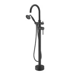 Double Lever Handle Freestanding Tub Filler Bathtub Faucet With Hand Held Shower In Matte Black