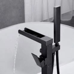 1-Handle Swivel Spout Freestanding Waterfall Tub Filler With Hand Shower In Matte Black -Tahanbath matte black claw foot tub faucets w122453938 kxc 1f 1000