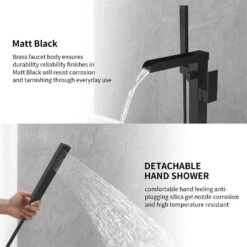 Freestanding Bathtub Cantilever Faucet Waterfall Tub Filler With Hand Shower In Matte Black -Tahanbath matte black claw foot tub faucets x dr 51001zb 4f 1000