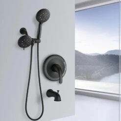 Single Handle 7 Function Rain Freestanding Tub Faucet With Handheld Shower In Matte Black -Tahanbath matte black claw foot tub faucets x w1219 w46591 31 1000