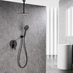 3-Spray Patterns With 2.5 GPM 12 In. Ceiling Mounted Dual Shower Heads Shower System Mix Set In Matte Black -Tahanbath matte black dual shower heads pzz 96205 h kxc 31 1000