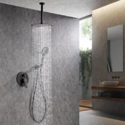 3-Spray Patterns With 2.5 GPM 12 In. Ceiling Mounted Dual Shower Heads Shower System Mix Set In Matte Black -Tahanbath matte black dual shower heads pzz 96205 h kxc 76 1000